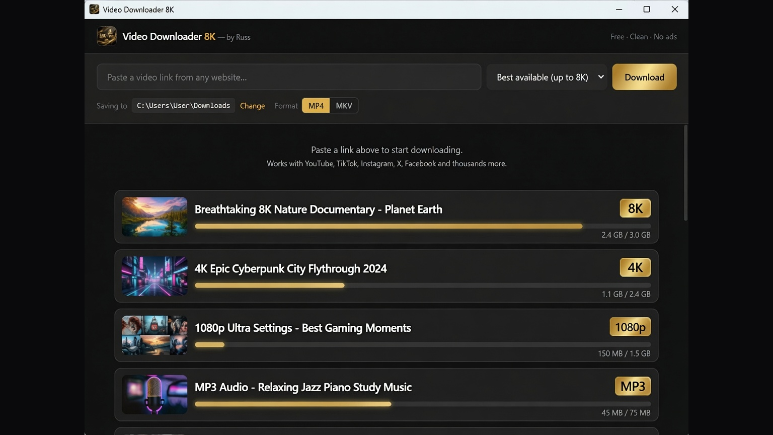 Video Downloader 8K app — download queue showing 8K, 4K, 1080p, and MP3 options